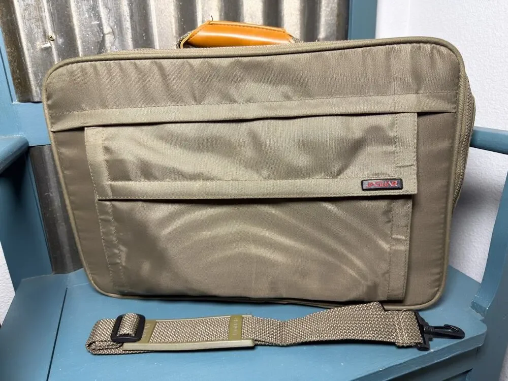Jaguar 90s Olive Green Nylon Briefcase Messenger Laptop Bag Faux Leather Handle